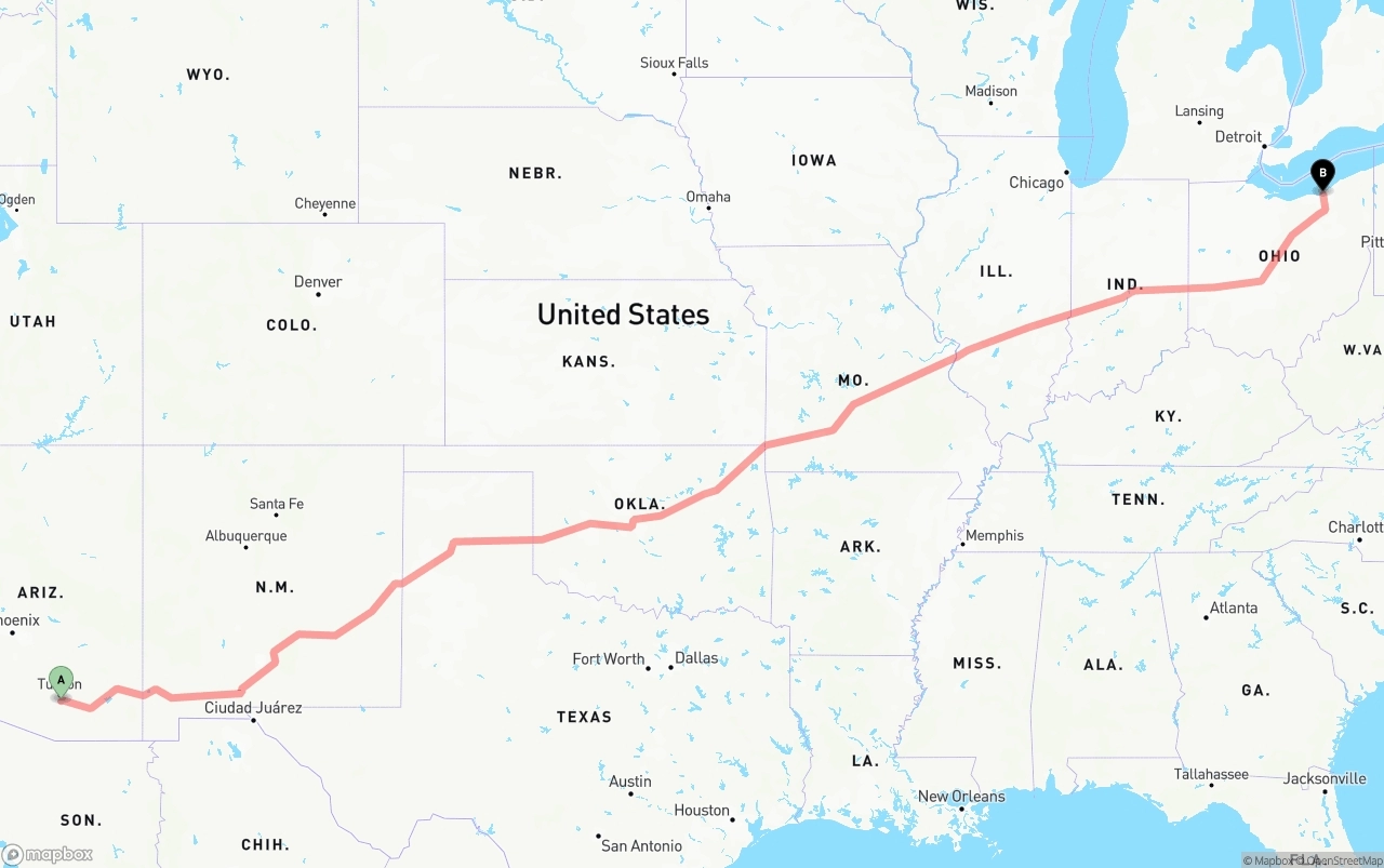 Shipping route from Tucson International Airport to Cleveland
