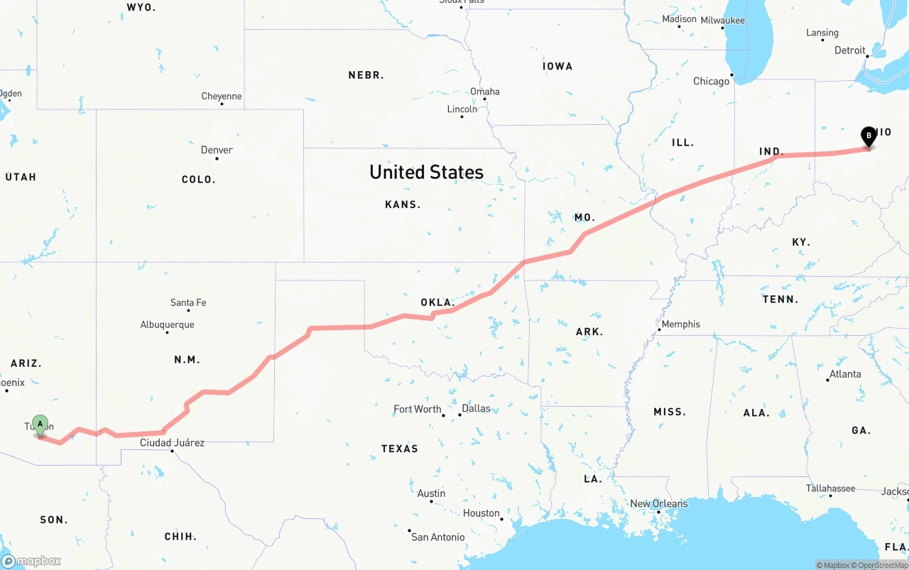 Shipping route from Tucson International Airport to Columbus
