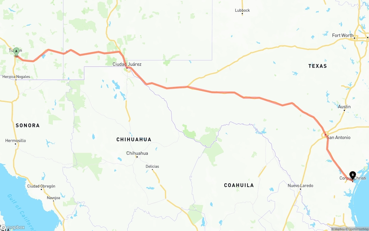 Shipping route from Tucson International Airport to Corpus Christi