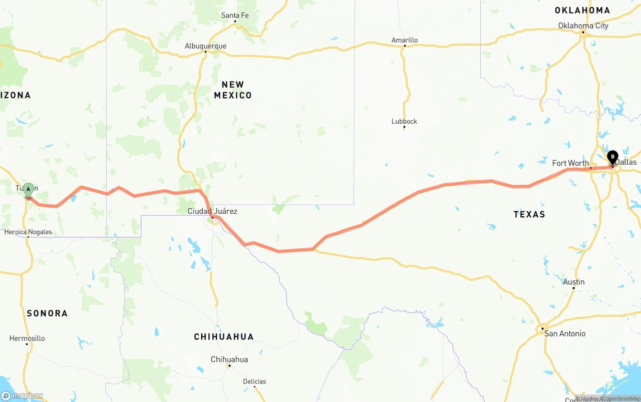 Shipping route from Tucson International Airport to Dallas