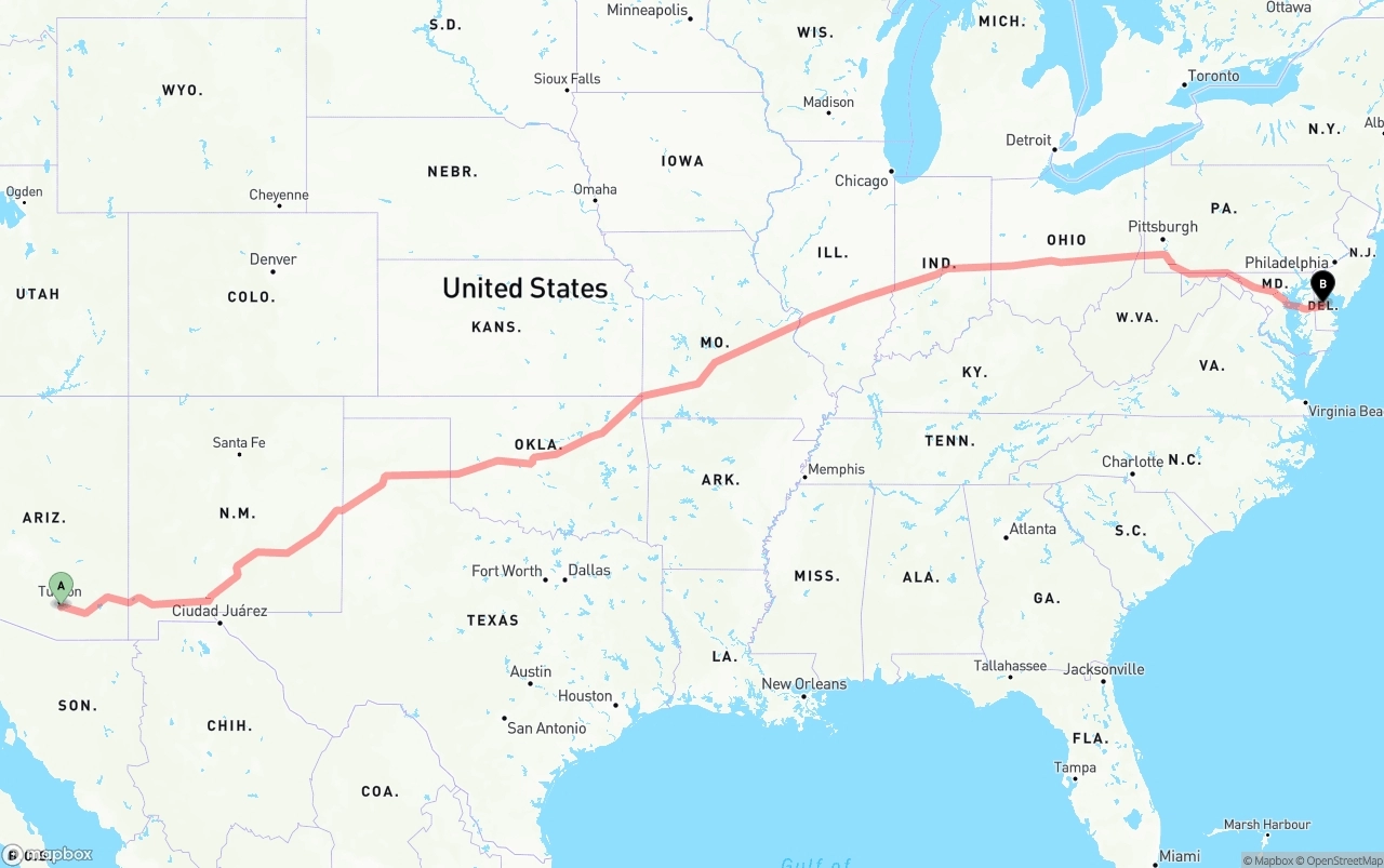 Shipping route from Tucson International Airport to Delaware