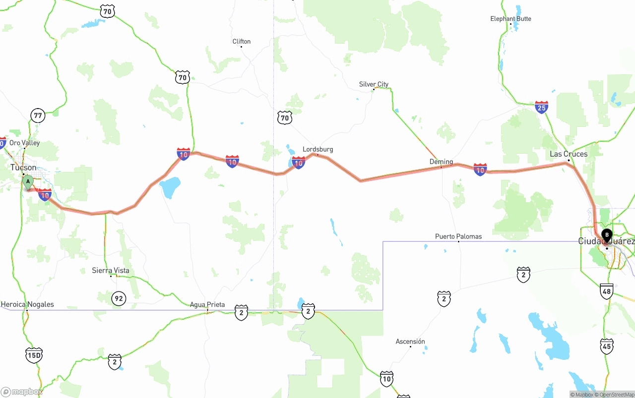 Shipping route from Tucson International Airport to El Paso