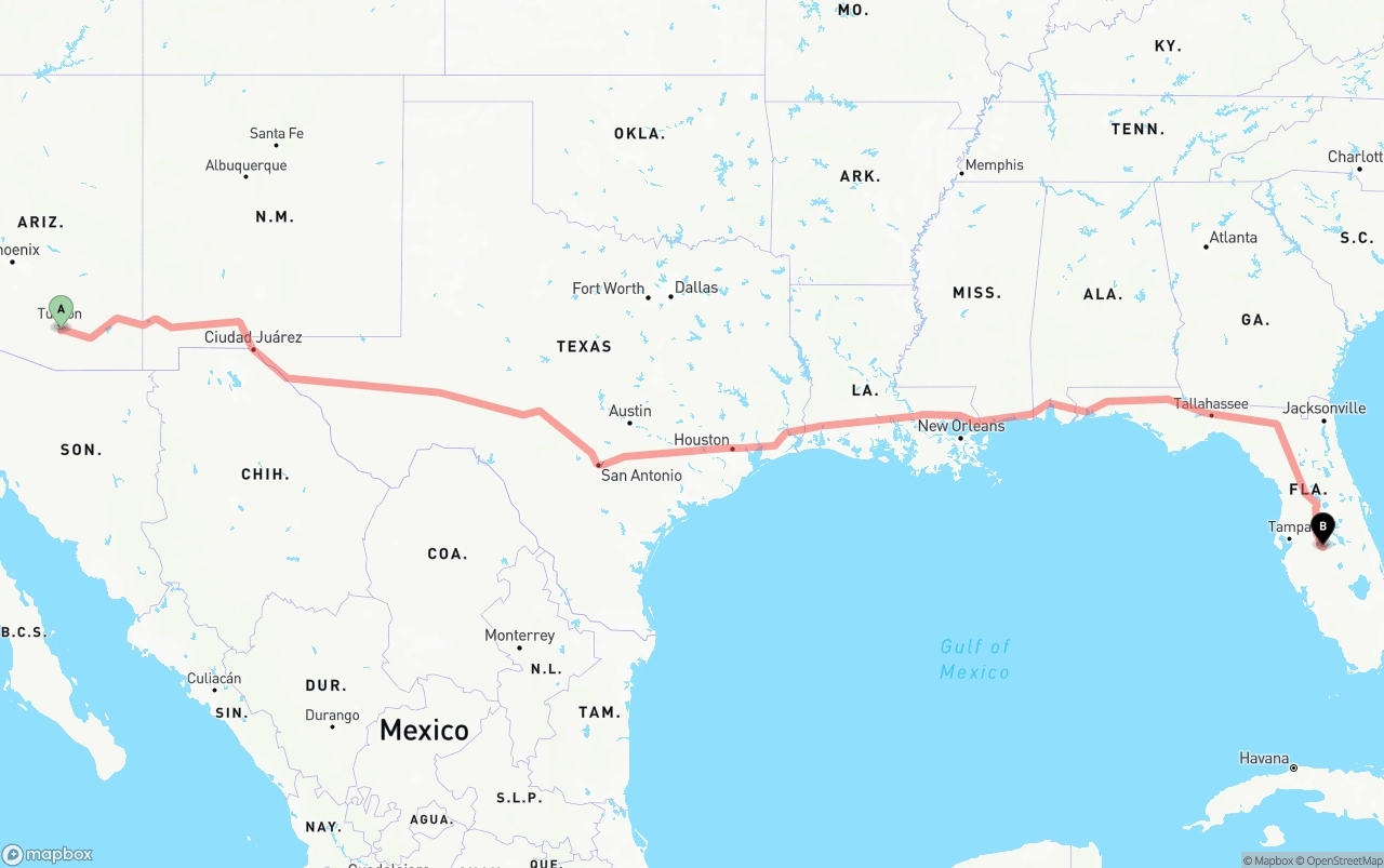 Shipping route from Tucson International Airport to Florida
