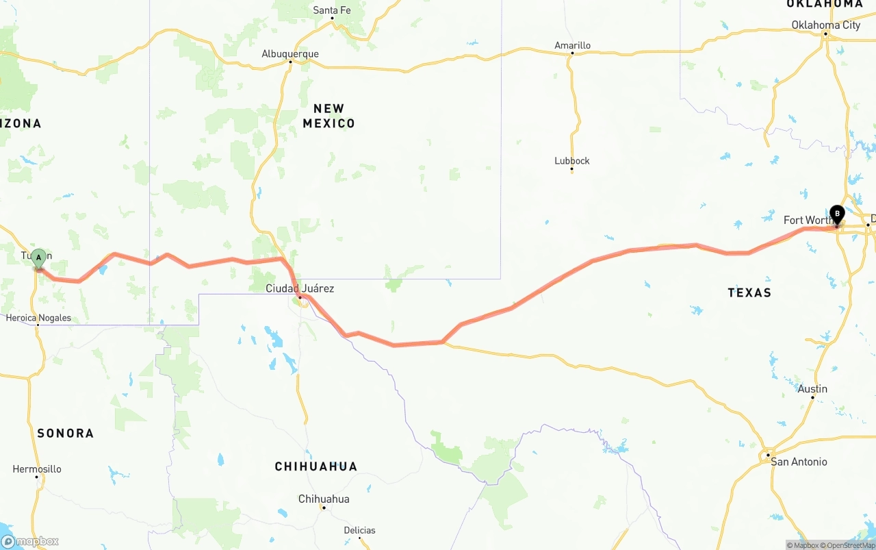 Shipping route from Tucson International Airport to Fort Worth