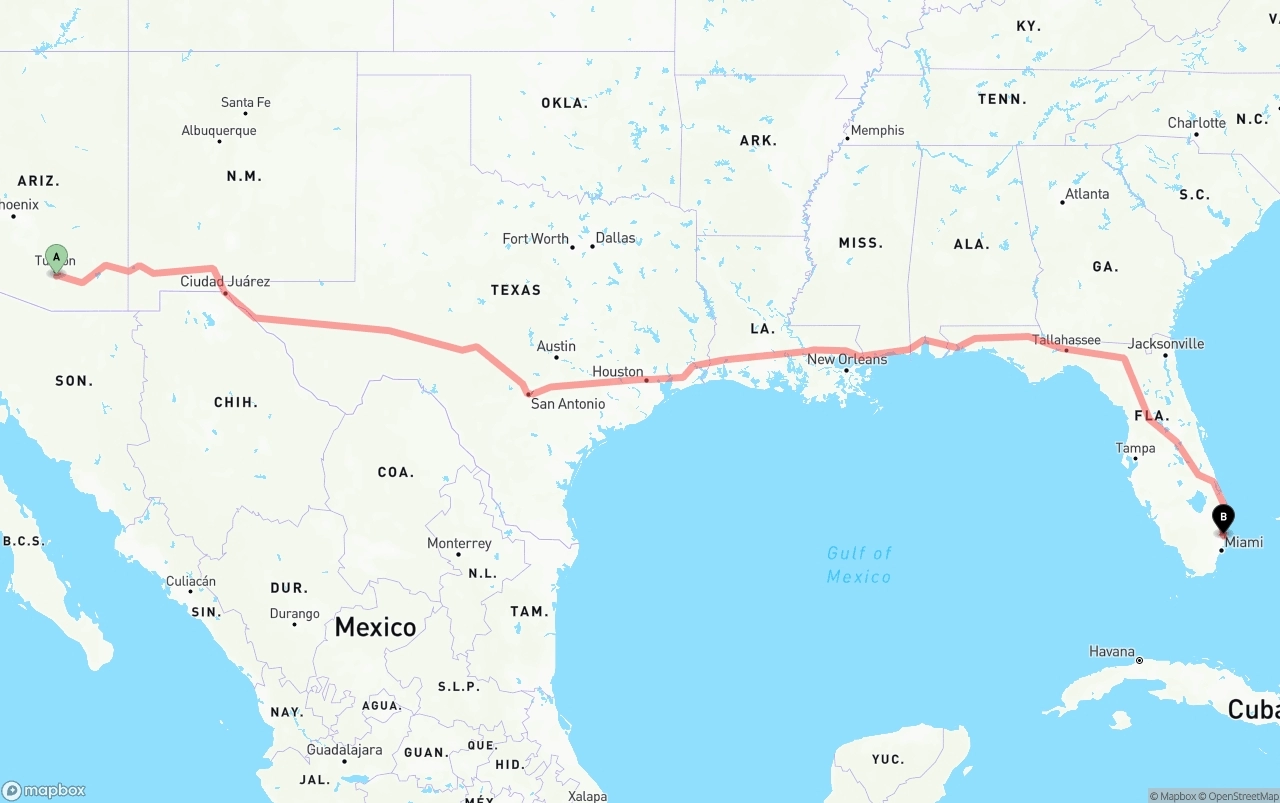 Shipping route from Tucson International Airport to Ft. Lauderdale