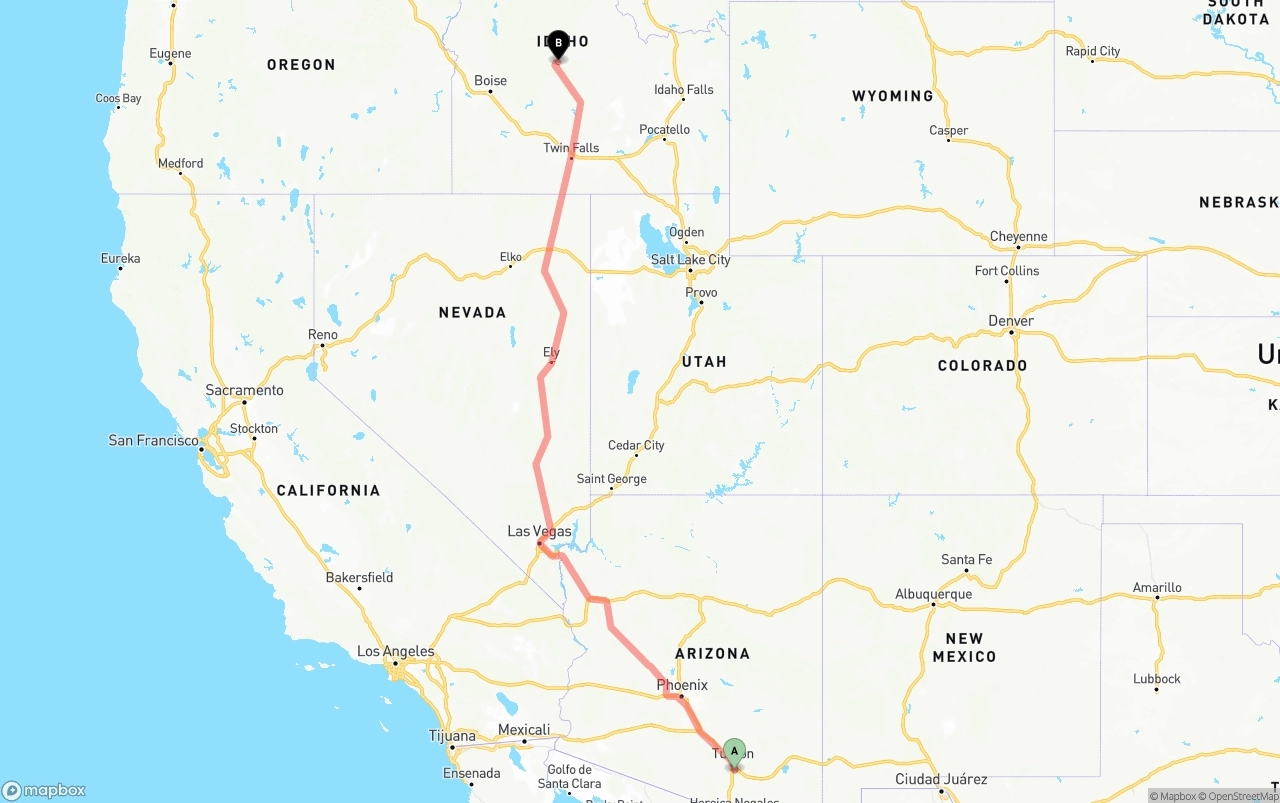 Shipping route from Tucson International Airport to Idaho