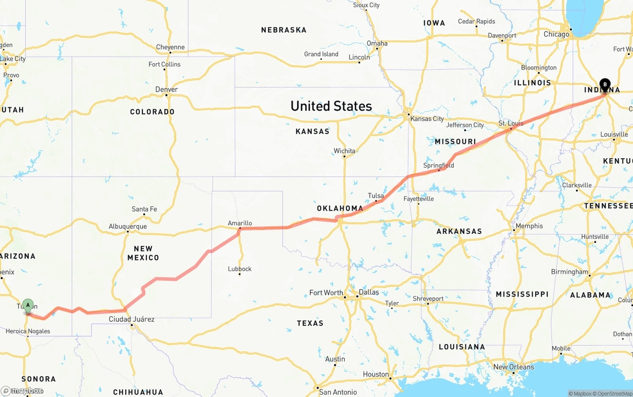 Shipping route from Tucson International Airport to Indianapolis