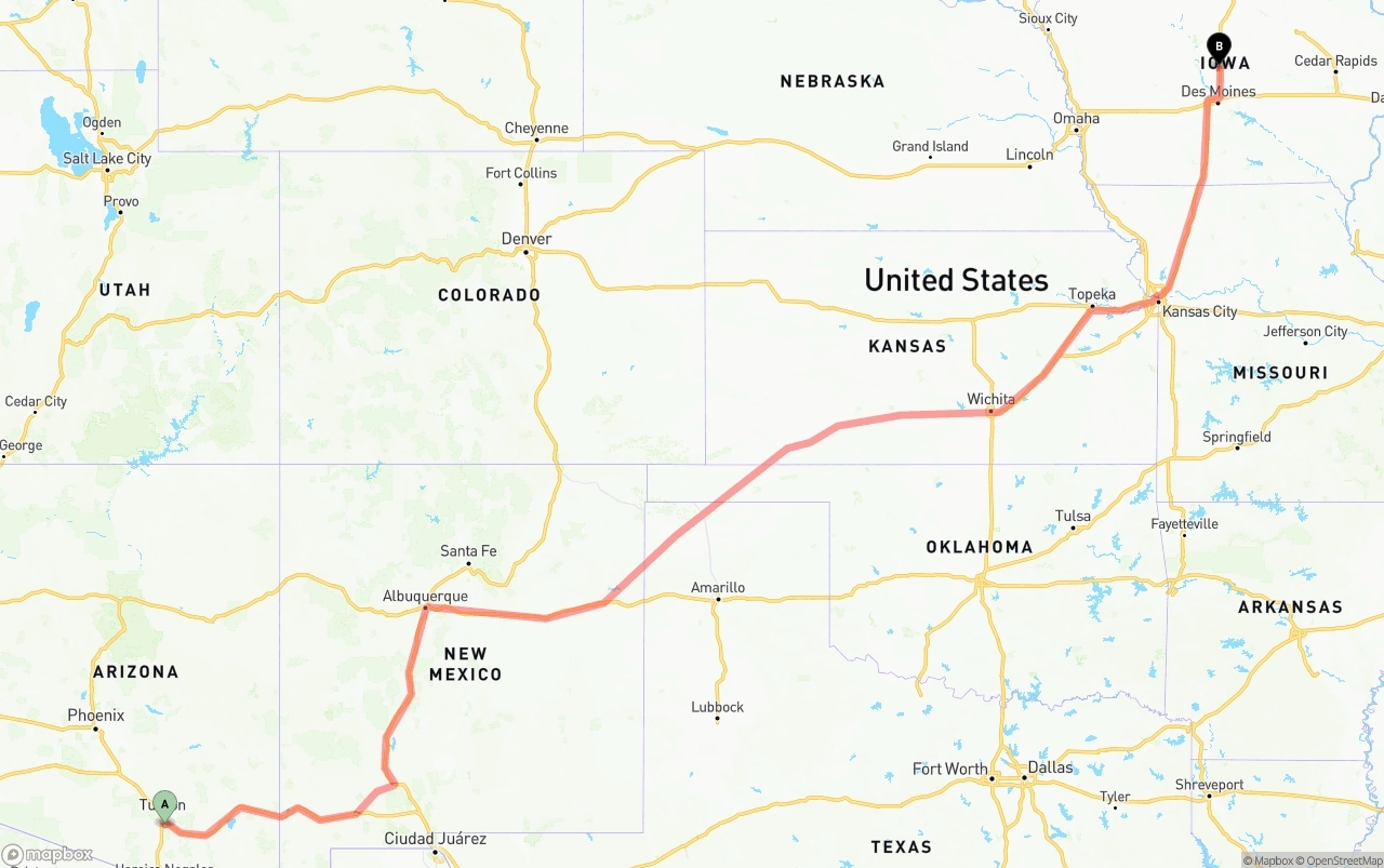 Shipping route from Tucson International Airport to Iowa