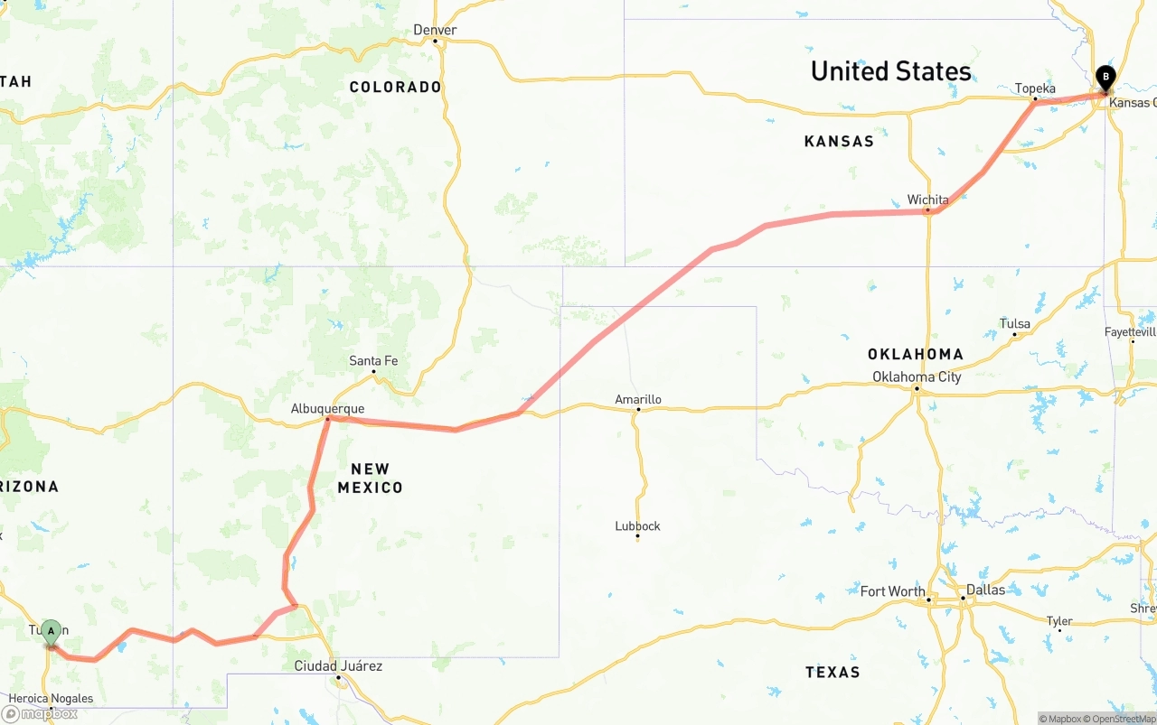 Shipping route from Tucson International Airport to Kansas City