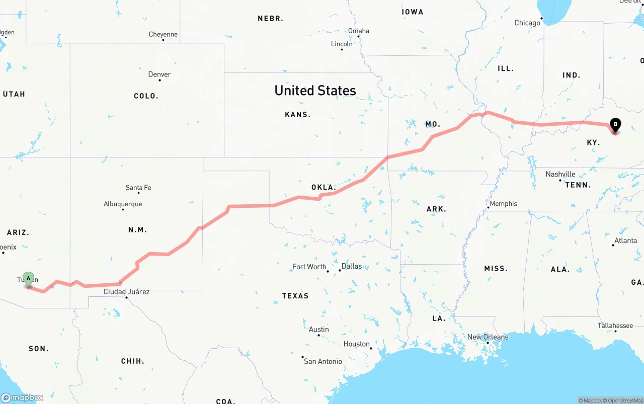 Shipping route from Tucson International Airport to Kentucky