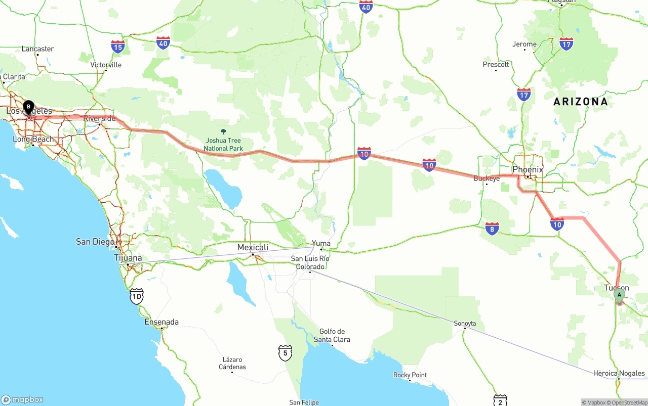 Shipping route from Tucson International Airport to Los Angeles