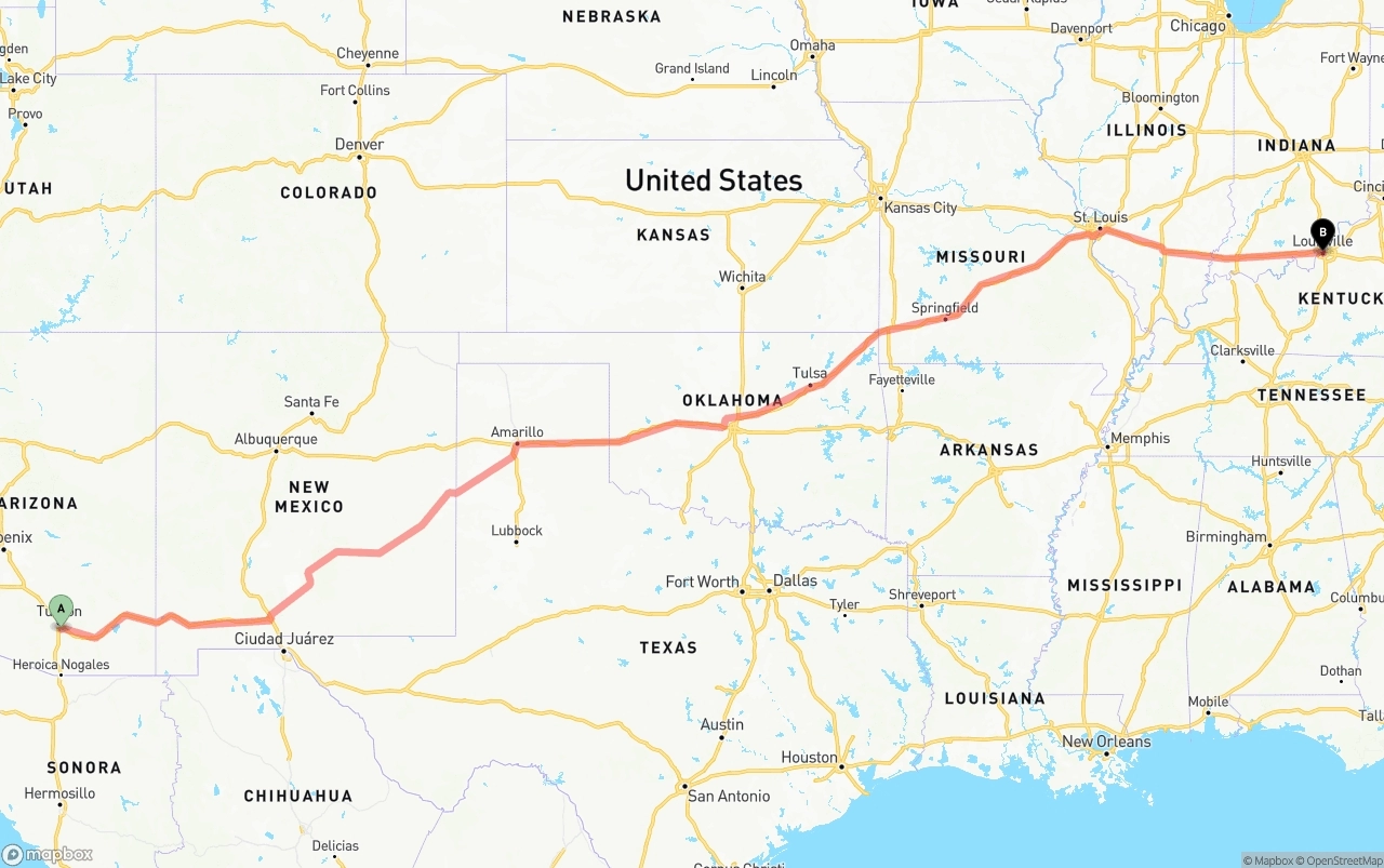 Shipping route from Tucson International Airport to Louisville
