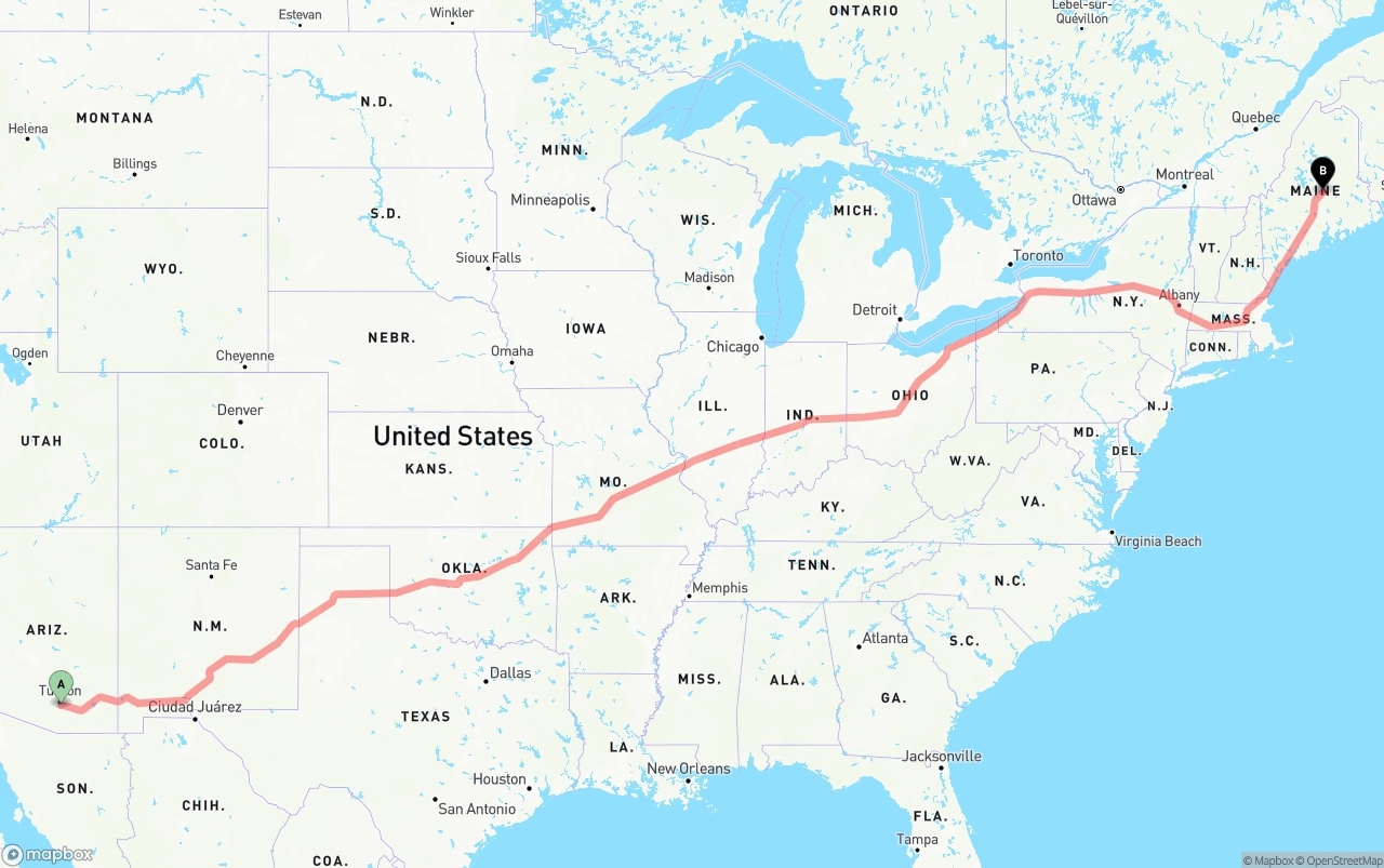 Shipping route from Tucson International Airport to Maine