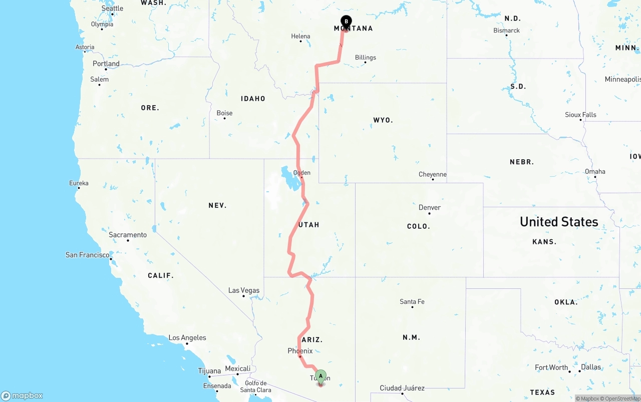 Shipping route from Tucson International Airport to Montana