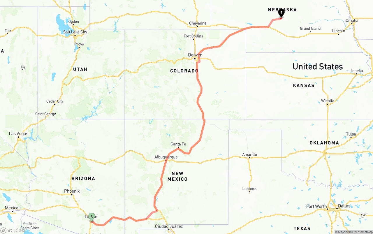 Shipping route from Tucson International Airport to Nebraska
