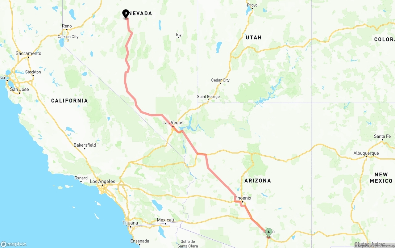 Shipping route from Tucson International Airport to Nevada