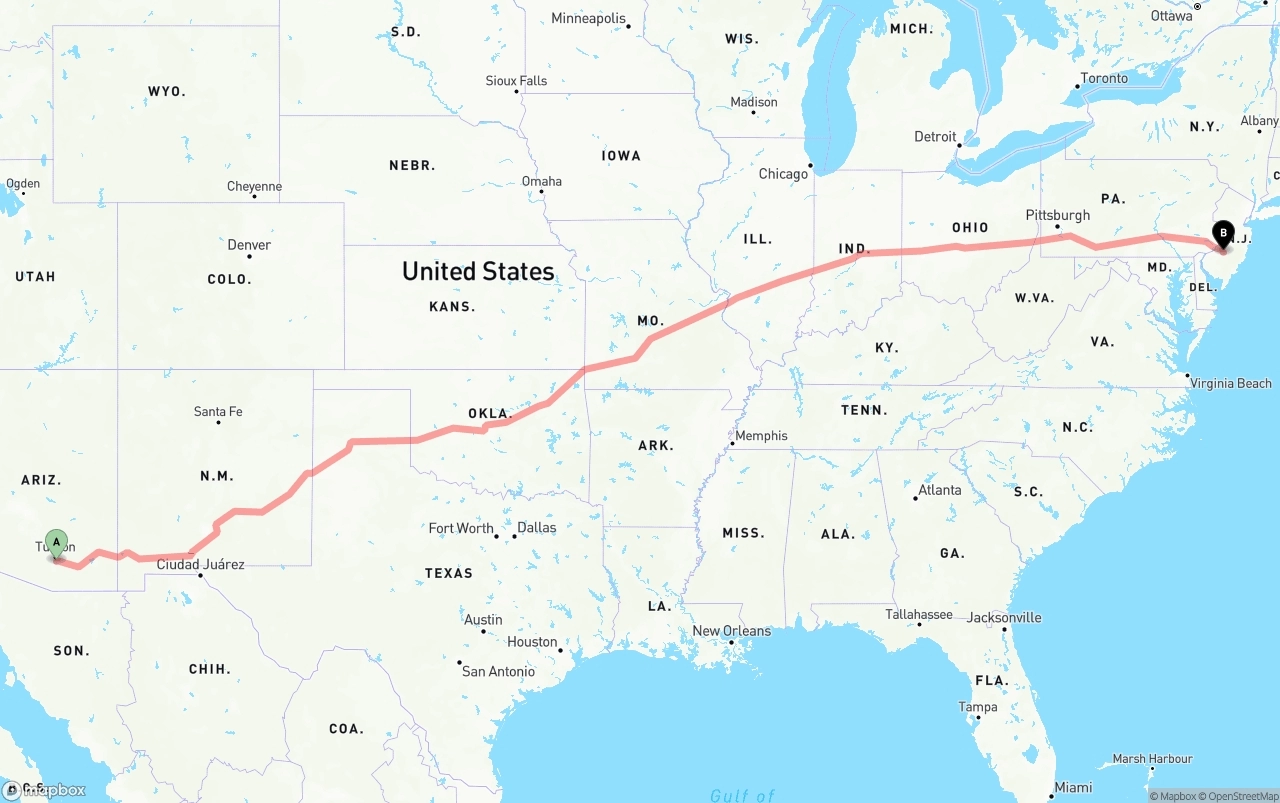 Shipping route from Tucson International Airport to New Jersey