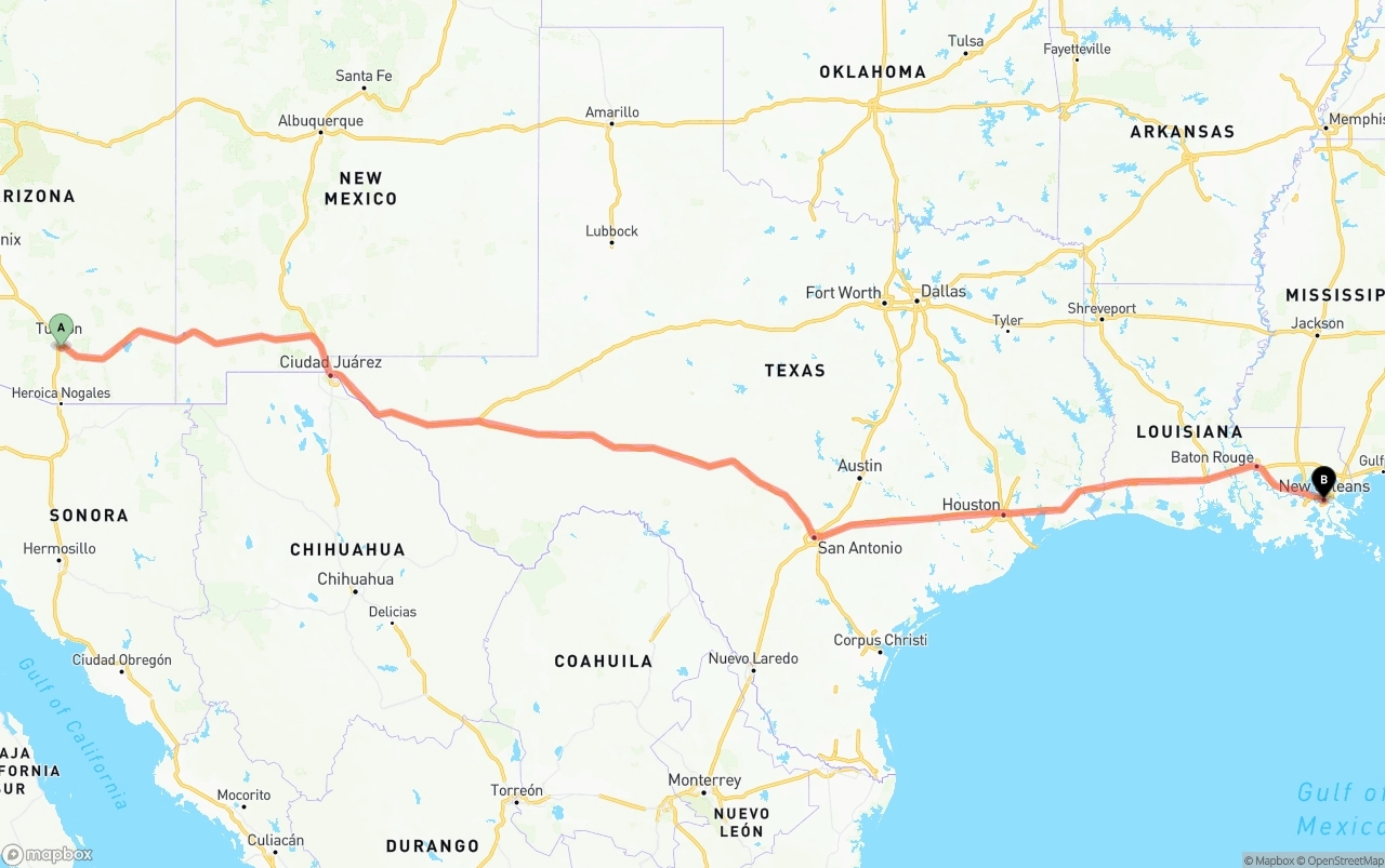 Shipping route from Tucson International Airport to New Orleans
