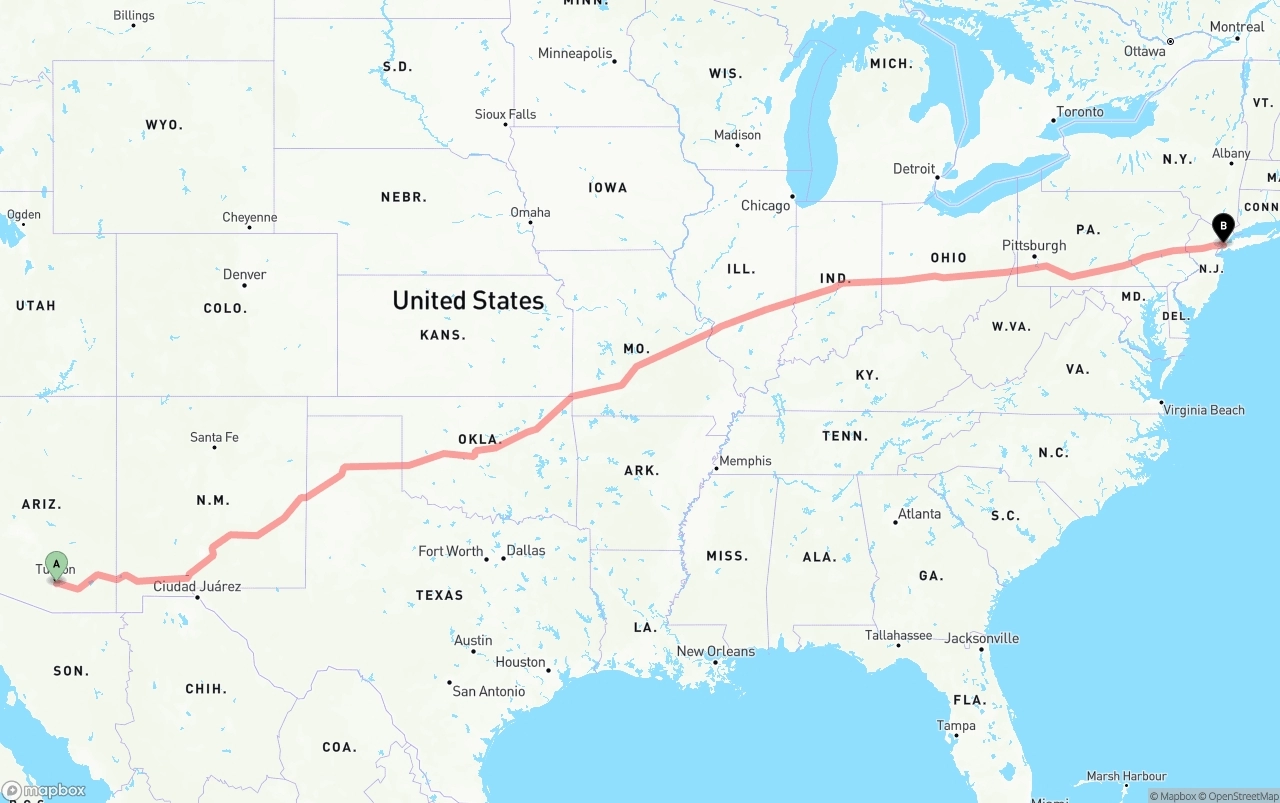 Shipping route from Tucson International Airport to New York City