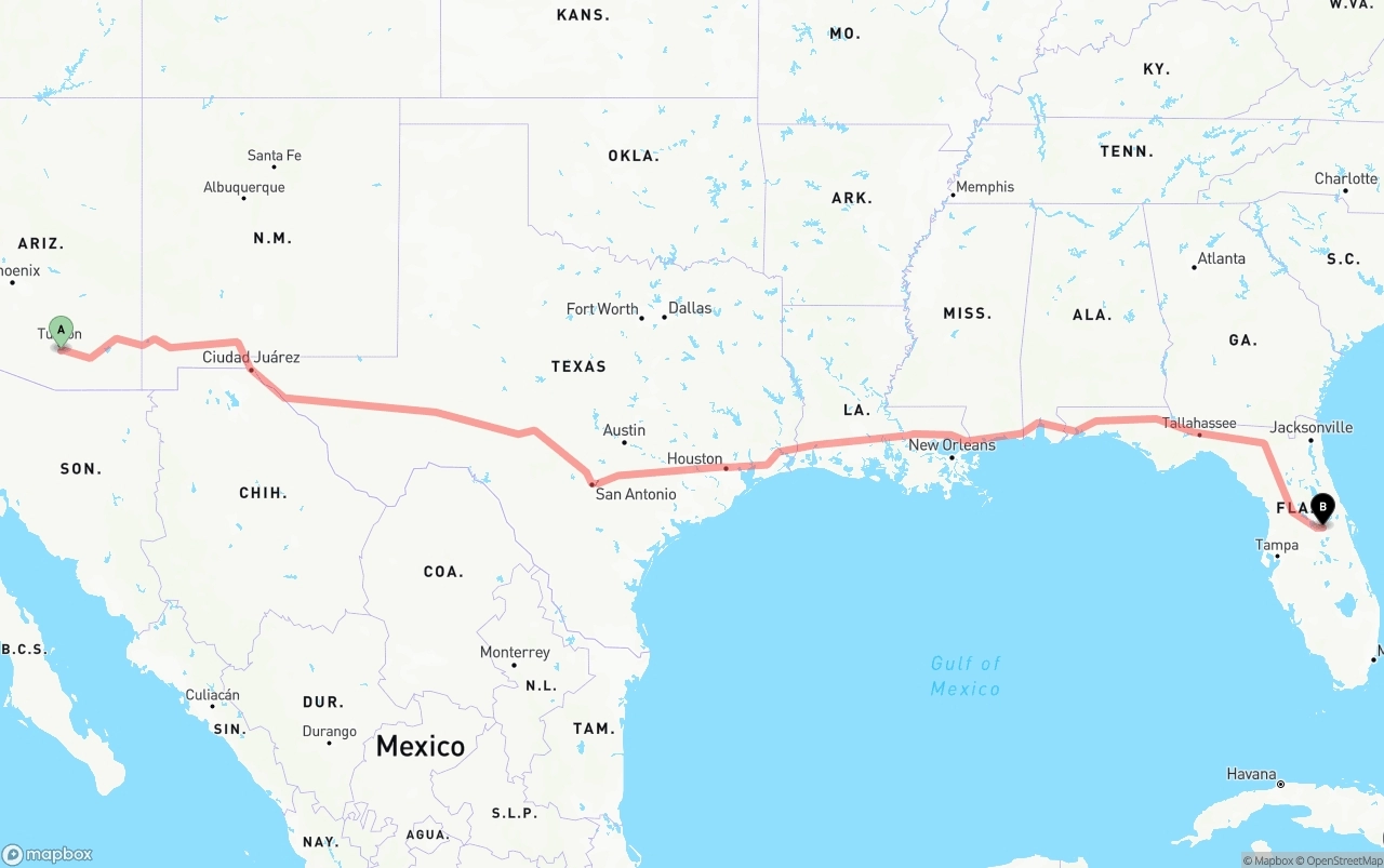 Shipping route from Tucson International Airport to Orlando