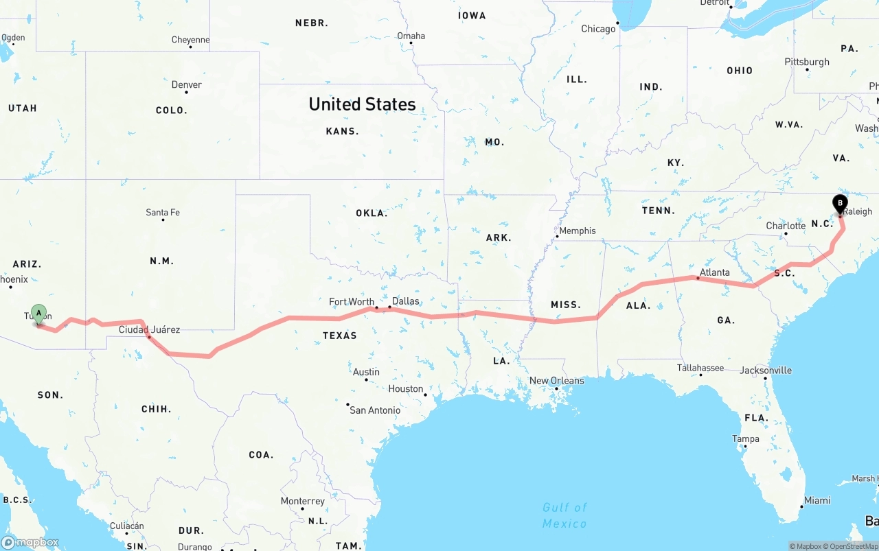 Shipping route from Tucson International Airport to Raleigh