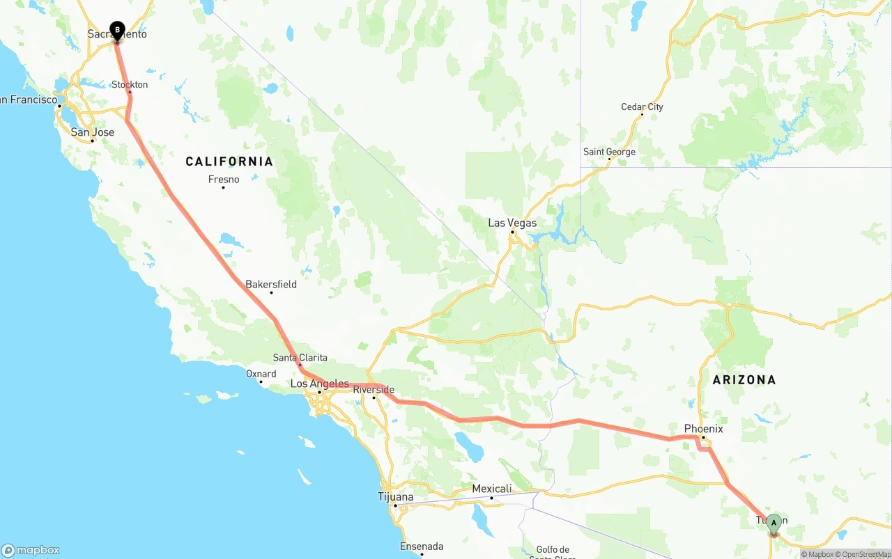 Shipping route from Tucson International Airport to Sacramento