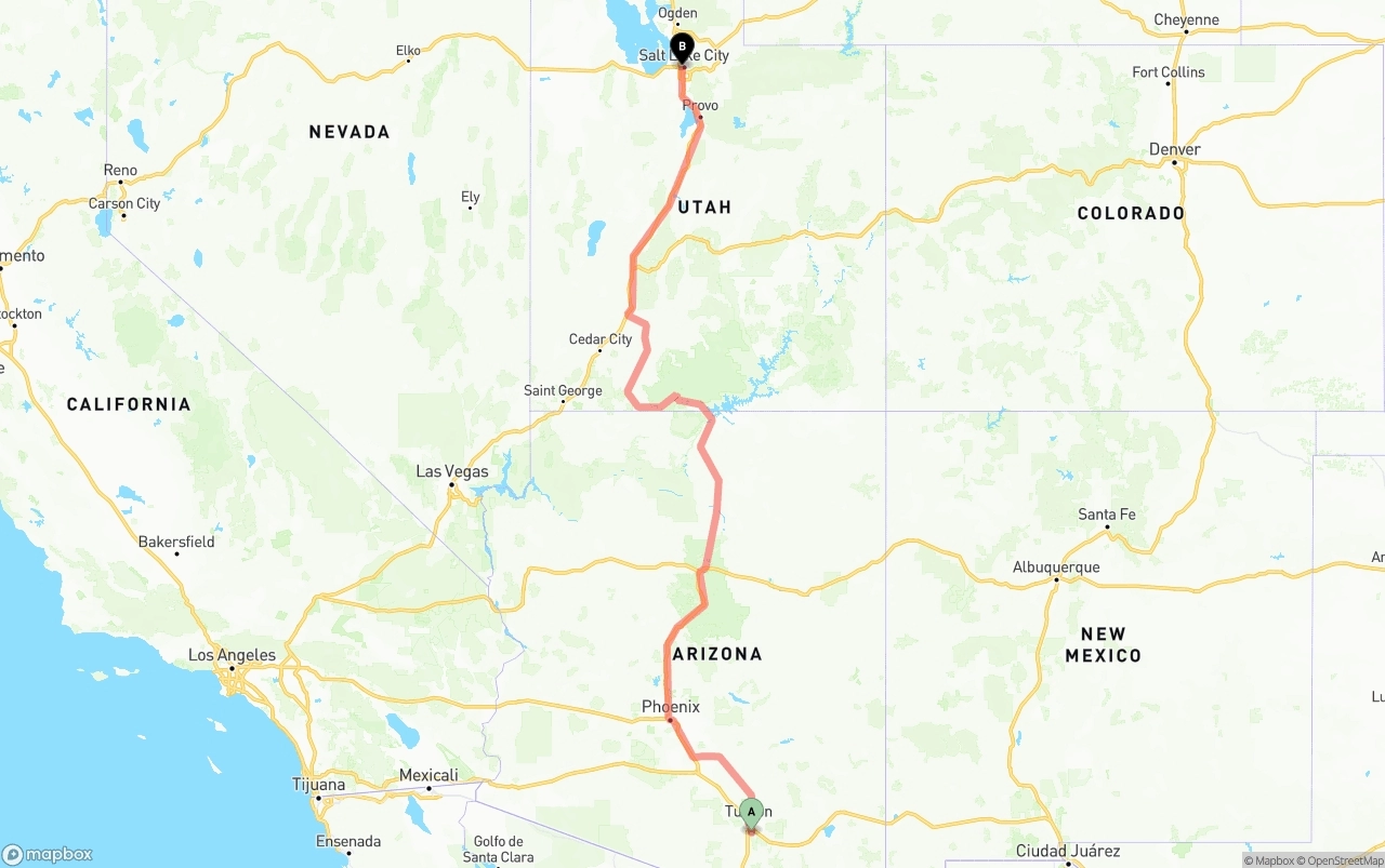 Shipping route from Tucson International Airport to Salt Lake City