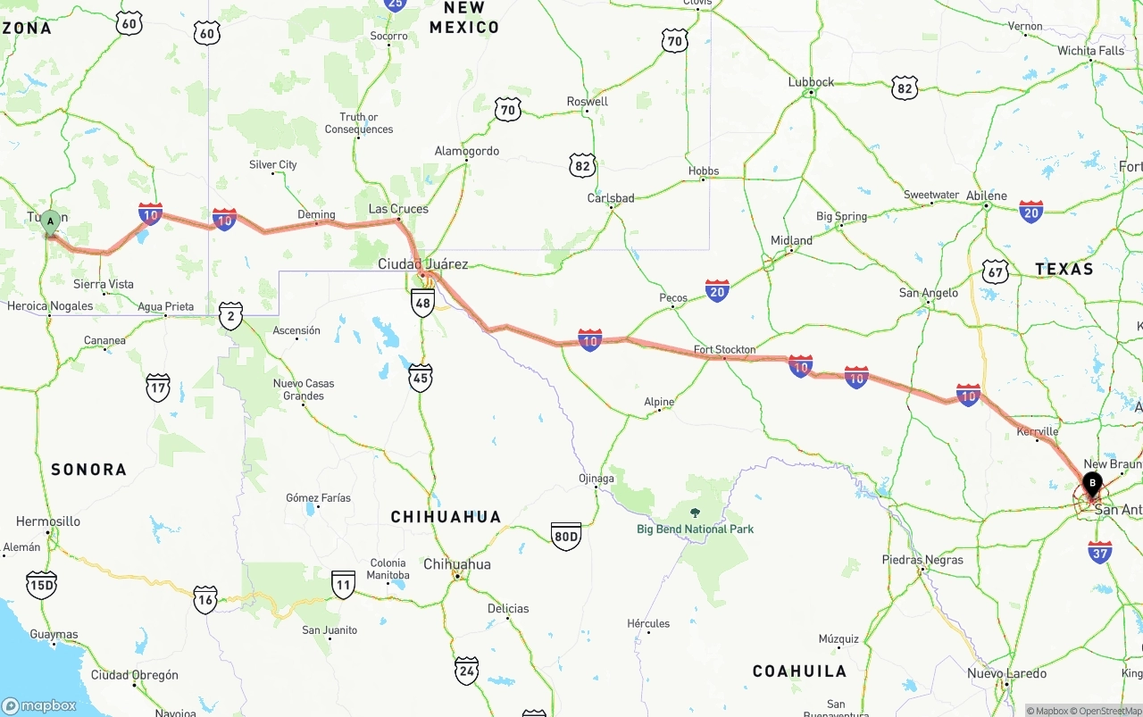 Shipping route from Tucson International Airport to San Antonio
