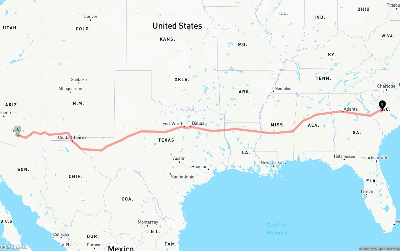 Shipping route from Tucson International Airport to South Carolina