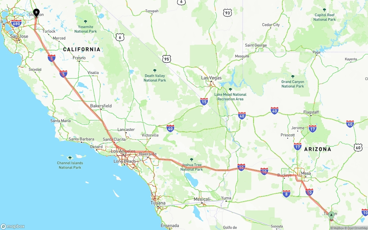 Shipping route from Tucson International Airport to Stockton