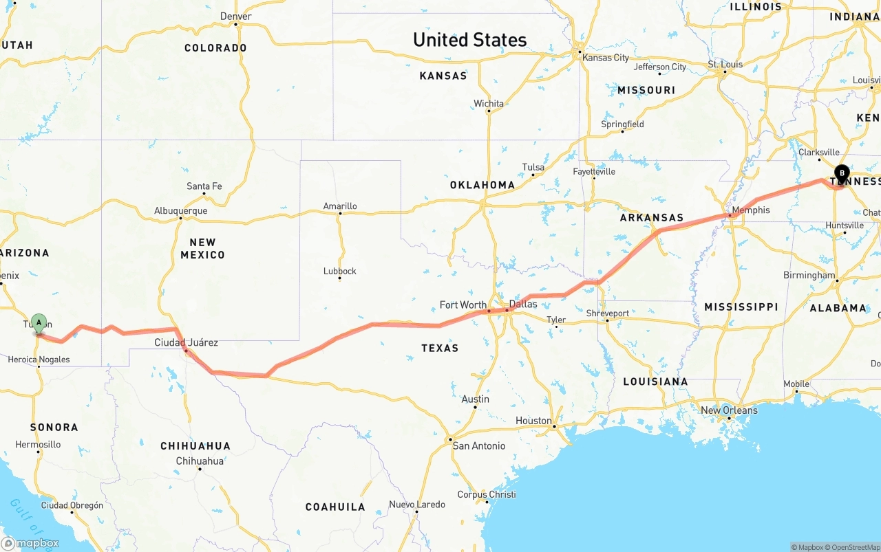 Shipping route from Tucson International Airport to Tennessee