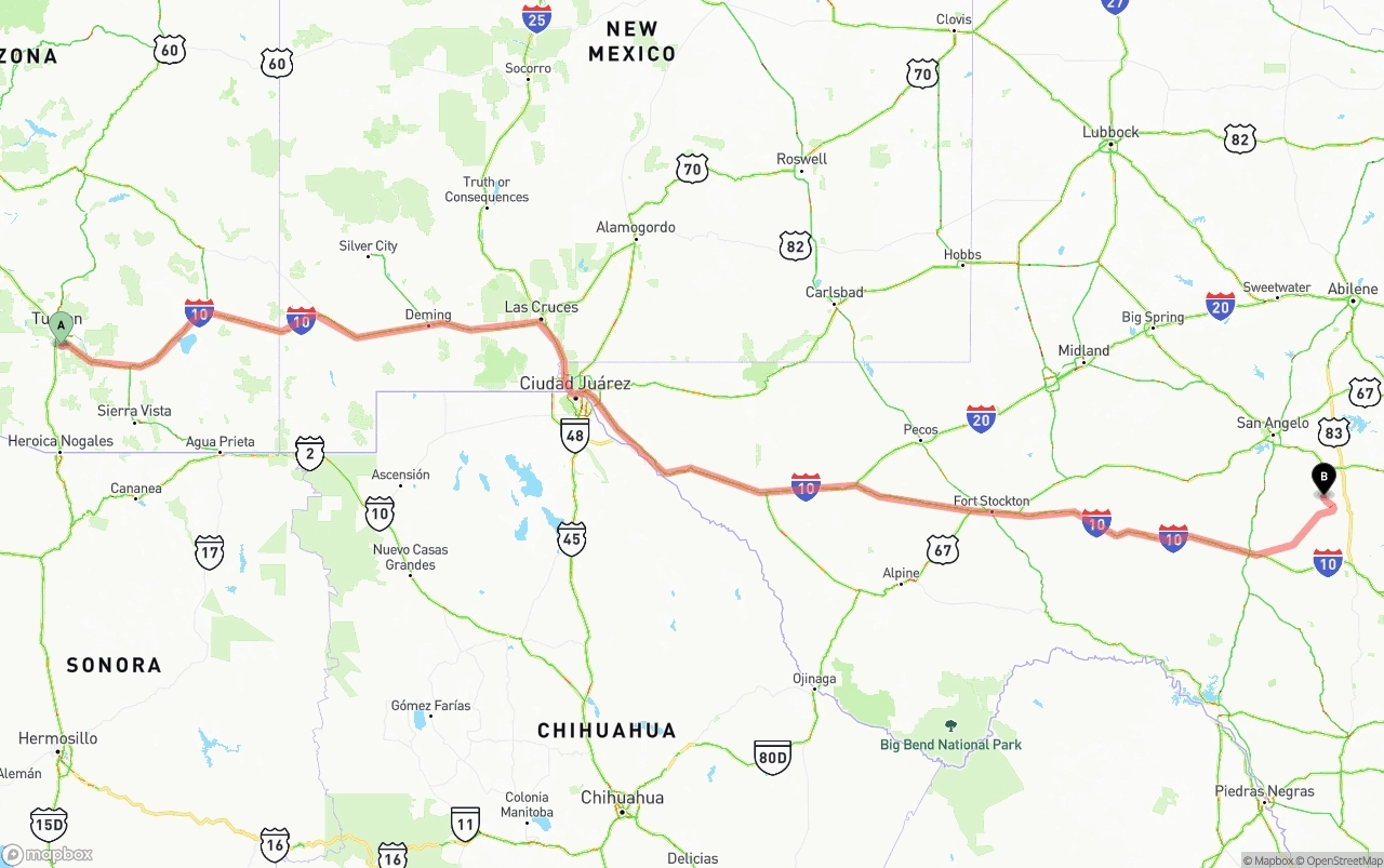 Shipping route from Tucson International Airport to Texas