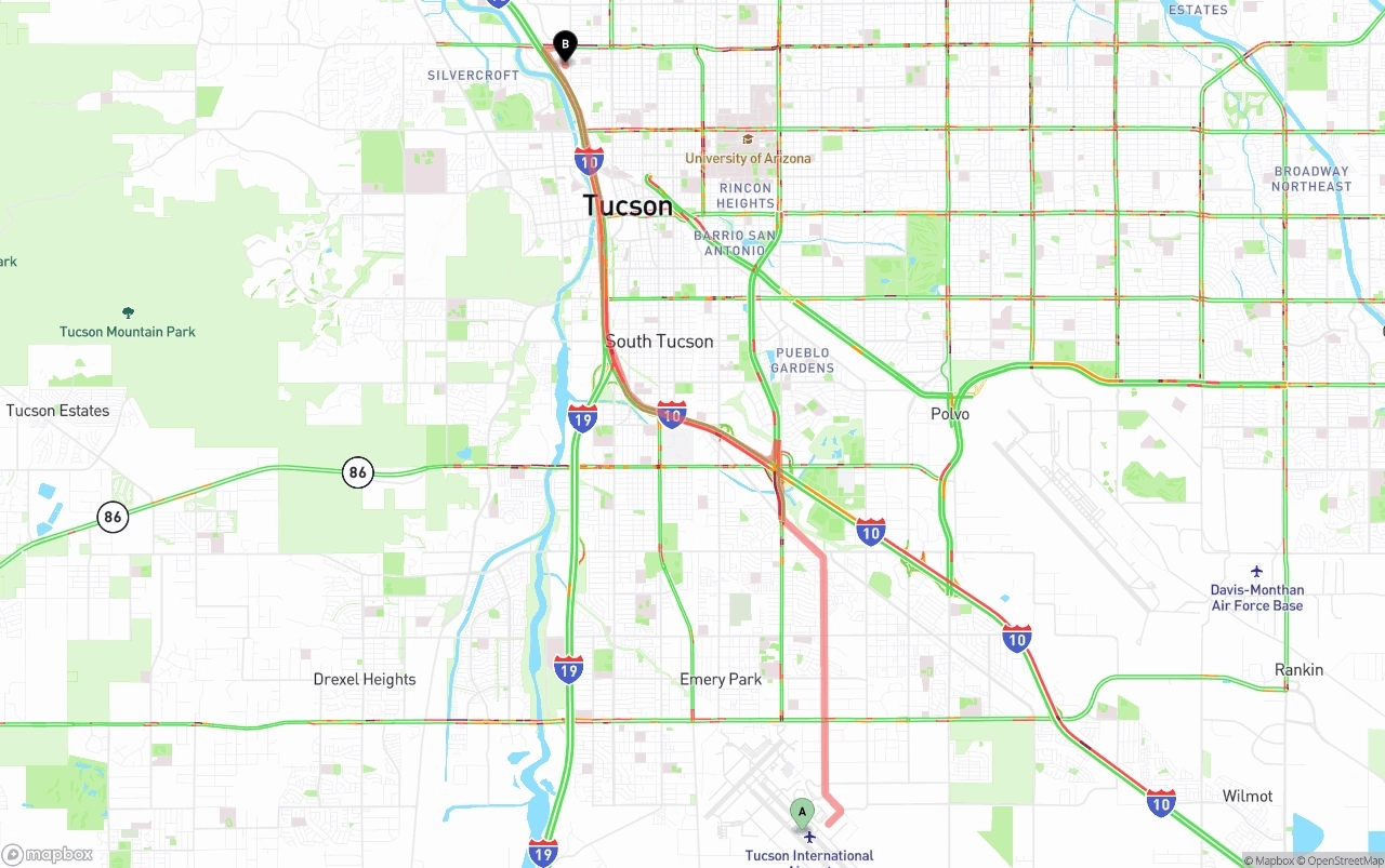Shipping route from Tucson International Airport to Tucson