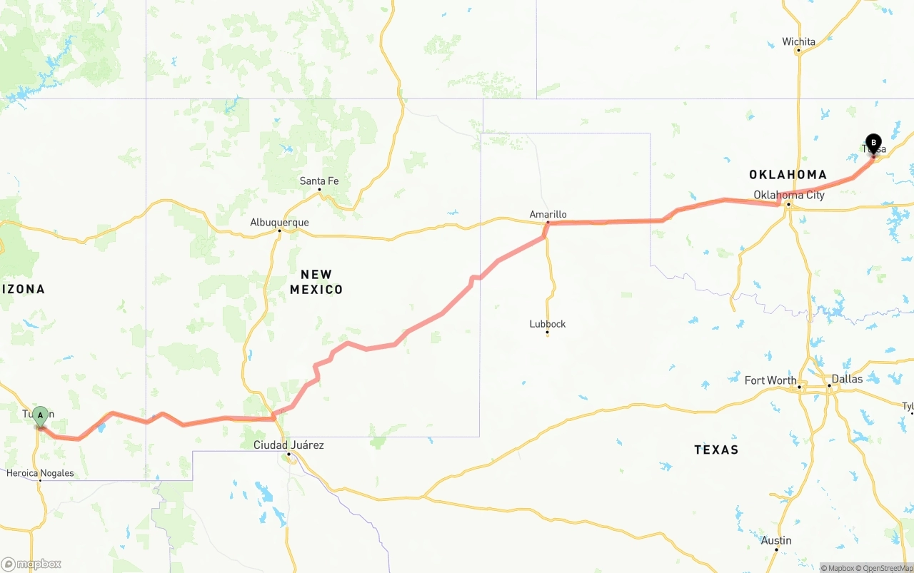Shipping route from Tucson International Airport to Tulsa