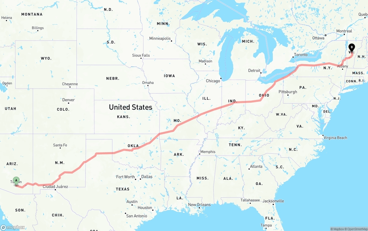 Shipping route from Tucson International Airport to Vermont