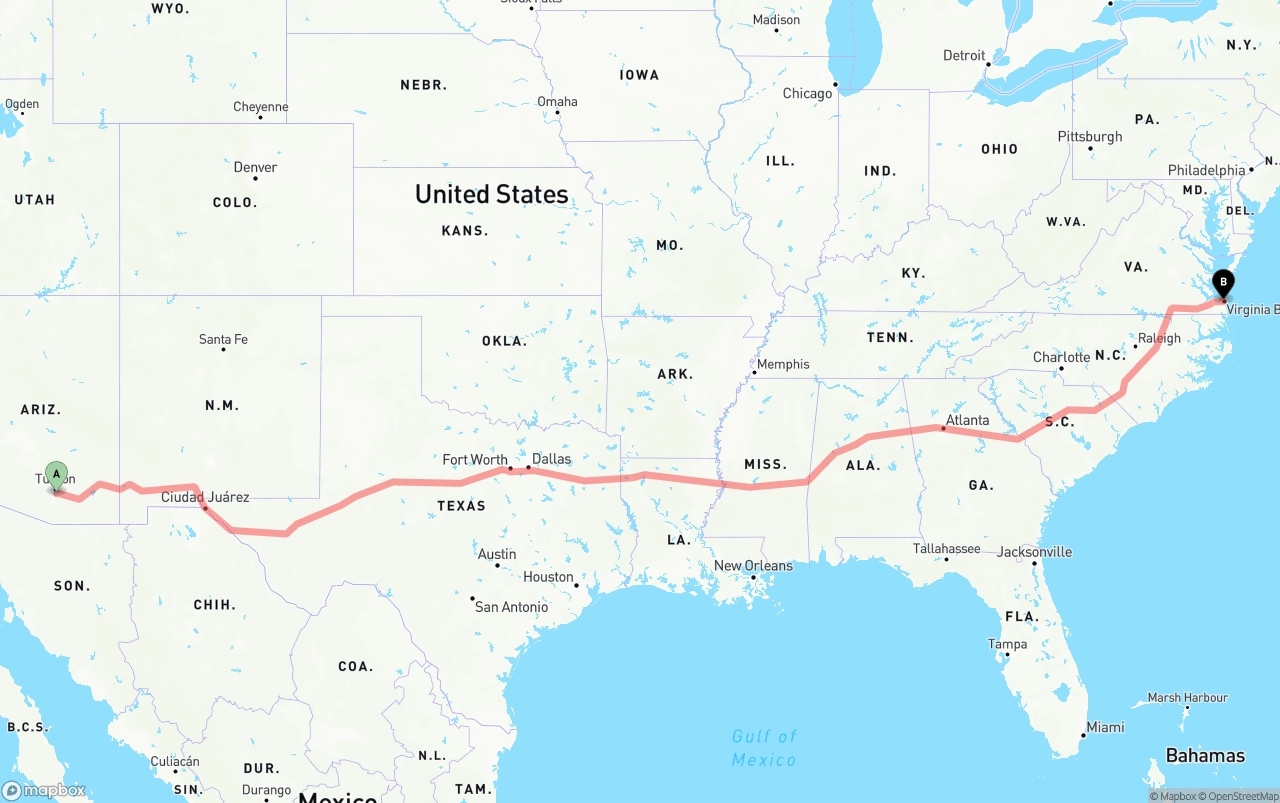 Shipping route from Tucson International Airport to Virginia Beach