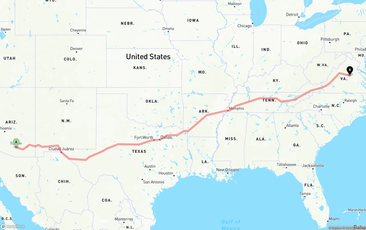 Shipping route from Tucson International Airport to Virginia