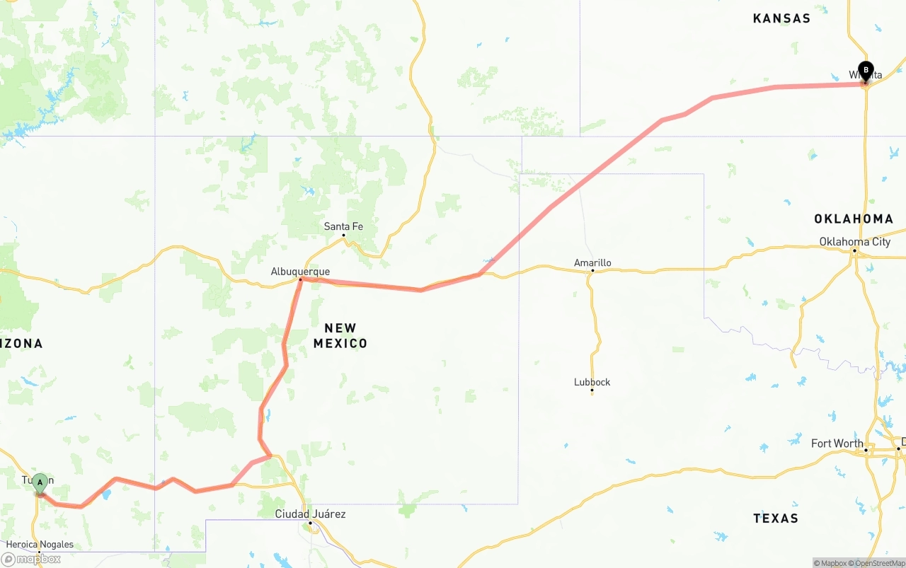 Shipping route from Tucson International Airport to Wichita