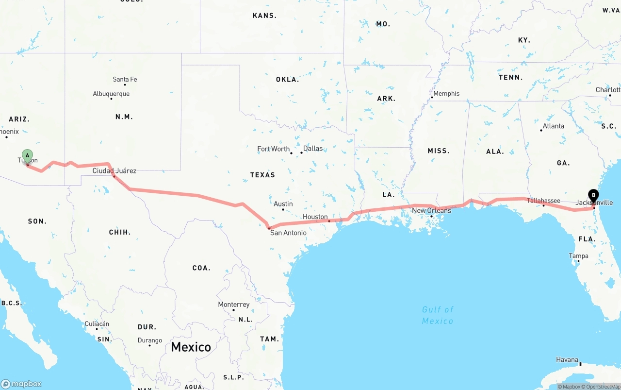 Shipping route from Tucson to Jacksonville International Airport