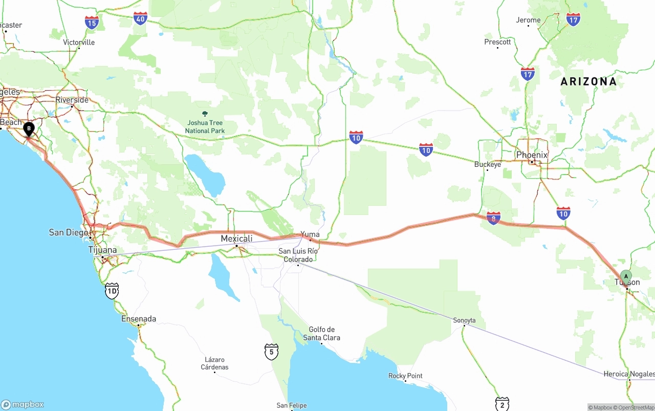 Shipping route from Tucson to John Wayne Airport — Orange County