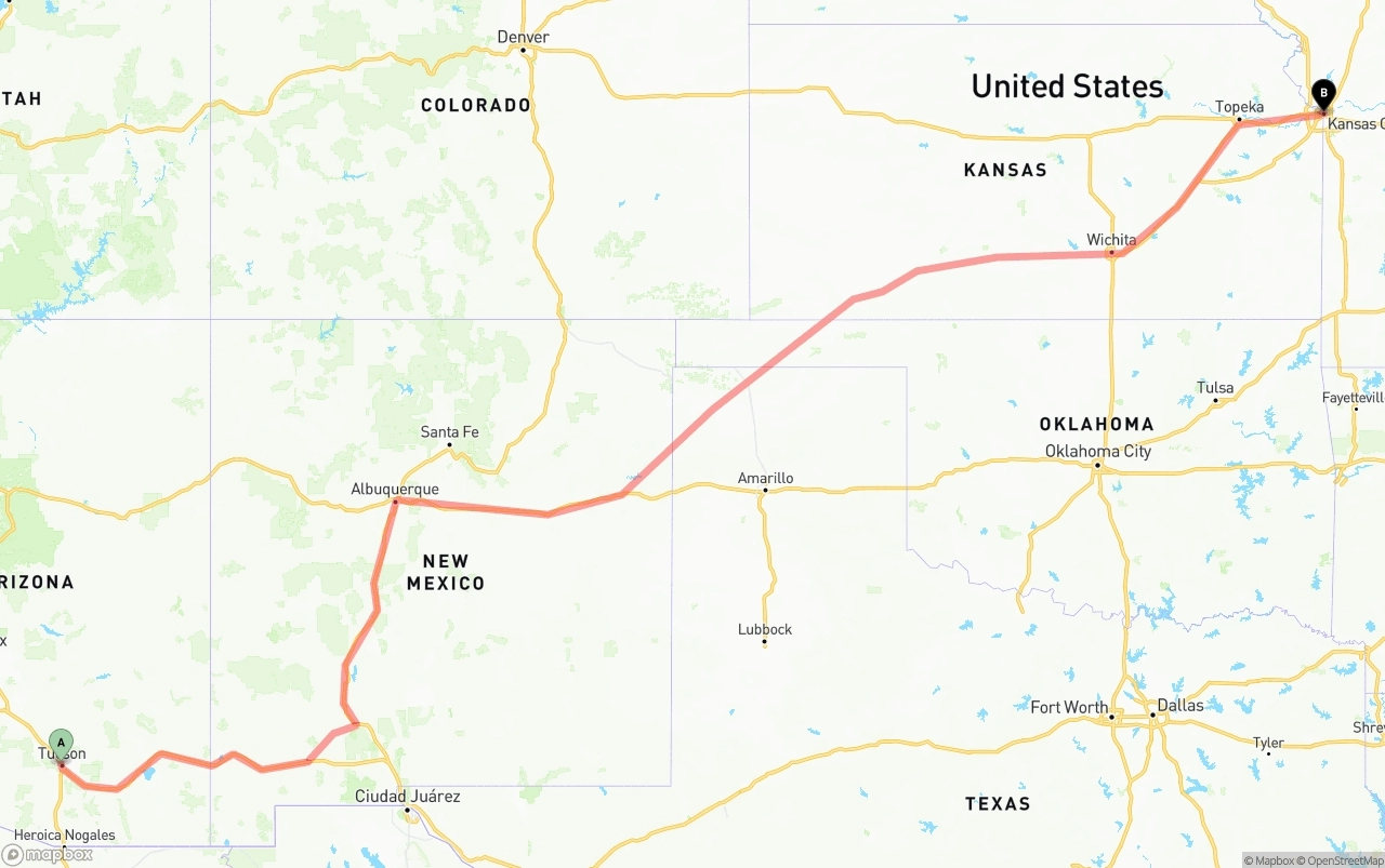 Shipping route from Tucson to Kansas City
