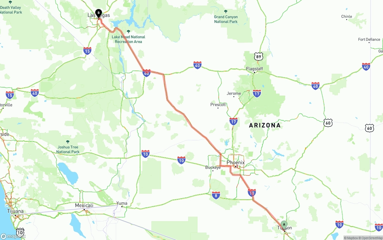 Shipping route from Tucson to Las Vegas