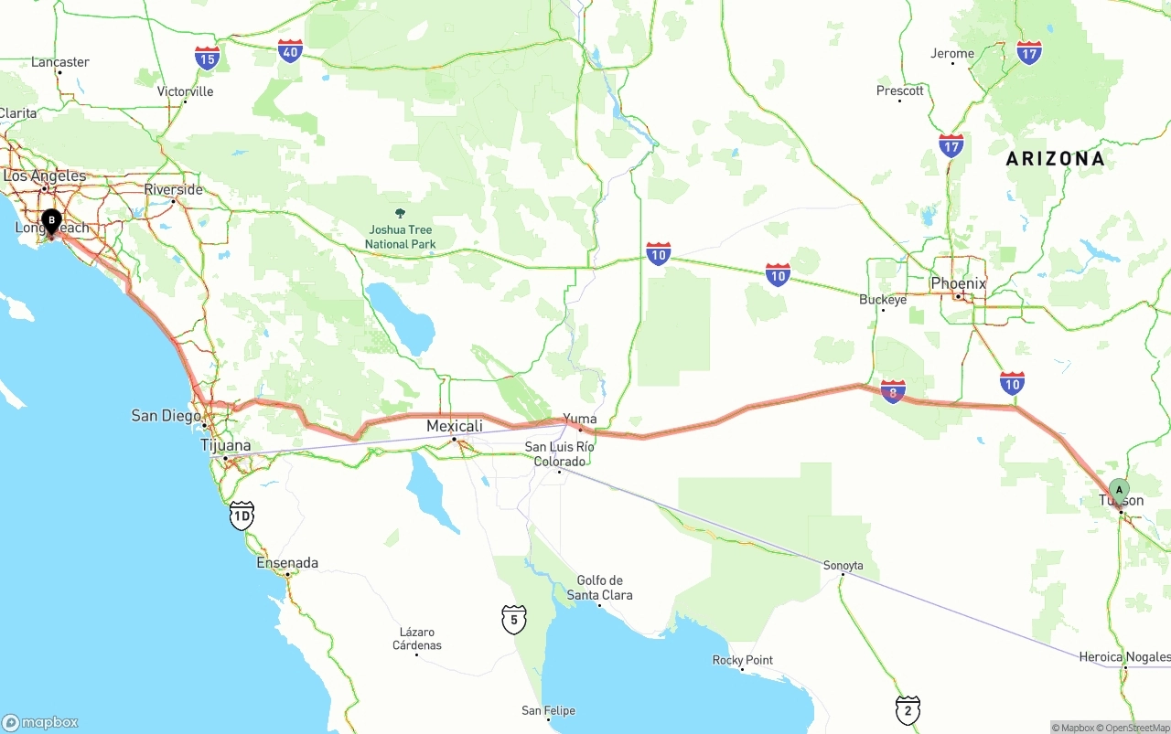 Shipping route from Tucson to Long Beach