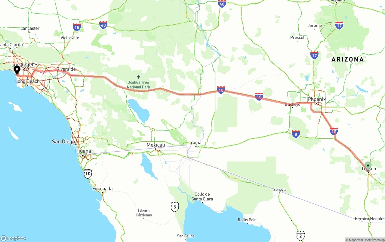 Shipping route from Tucson to Los Angeles International Airport