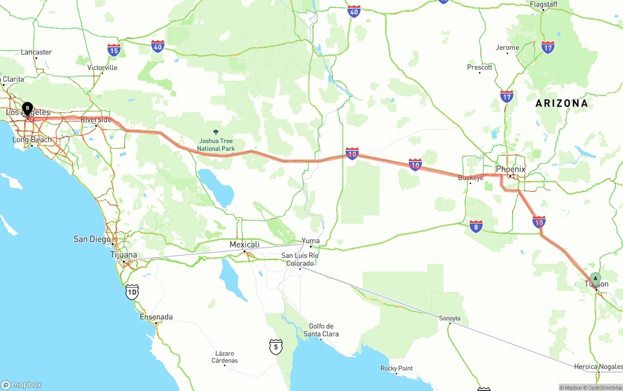 Shipping route from Tucson to Los Angeles