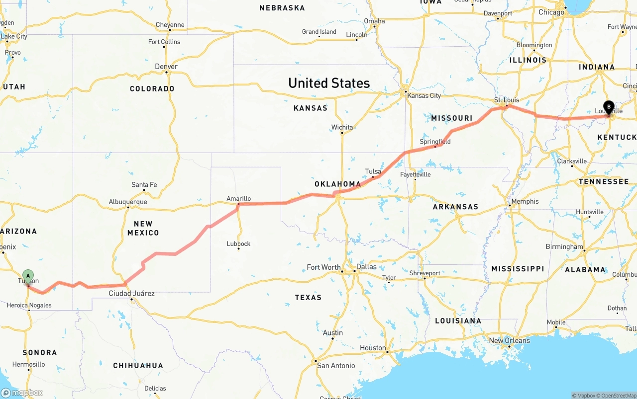 Shipping route from Tucson to Louisville