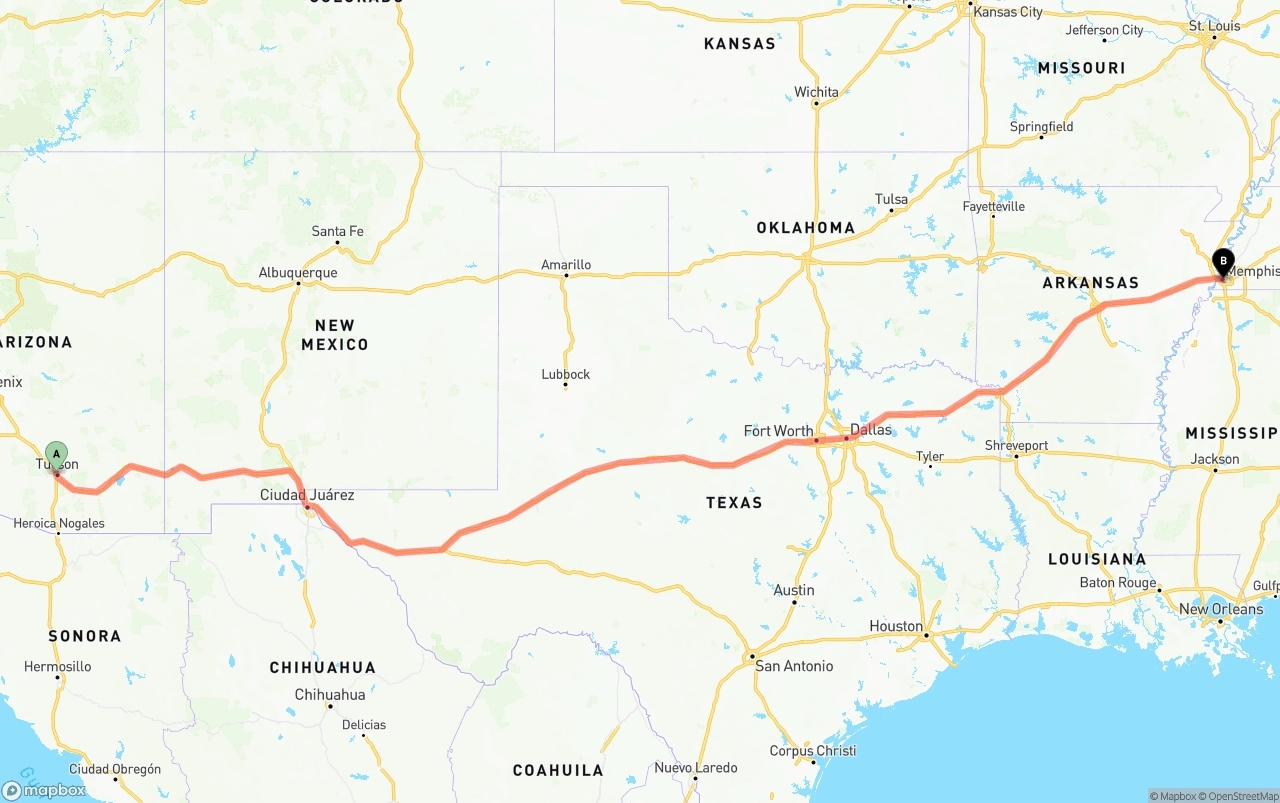 Shipping route from Tucson to Memphis