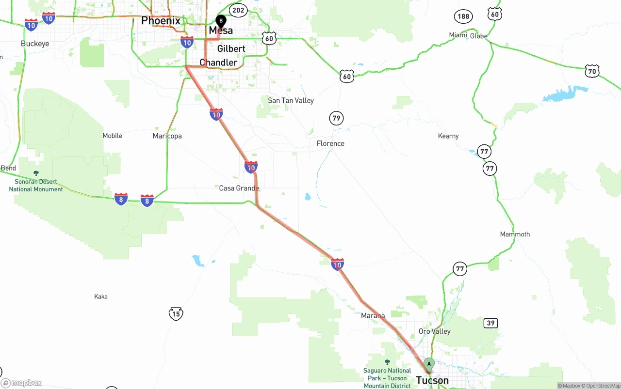 Shipping route from Tucson to Mesa