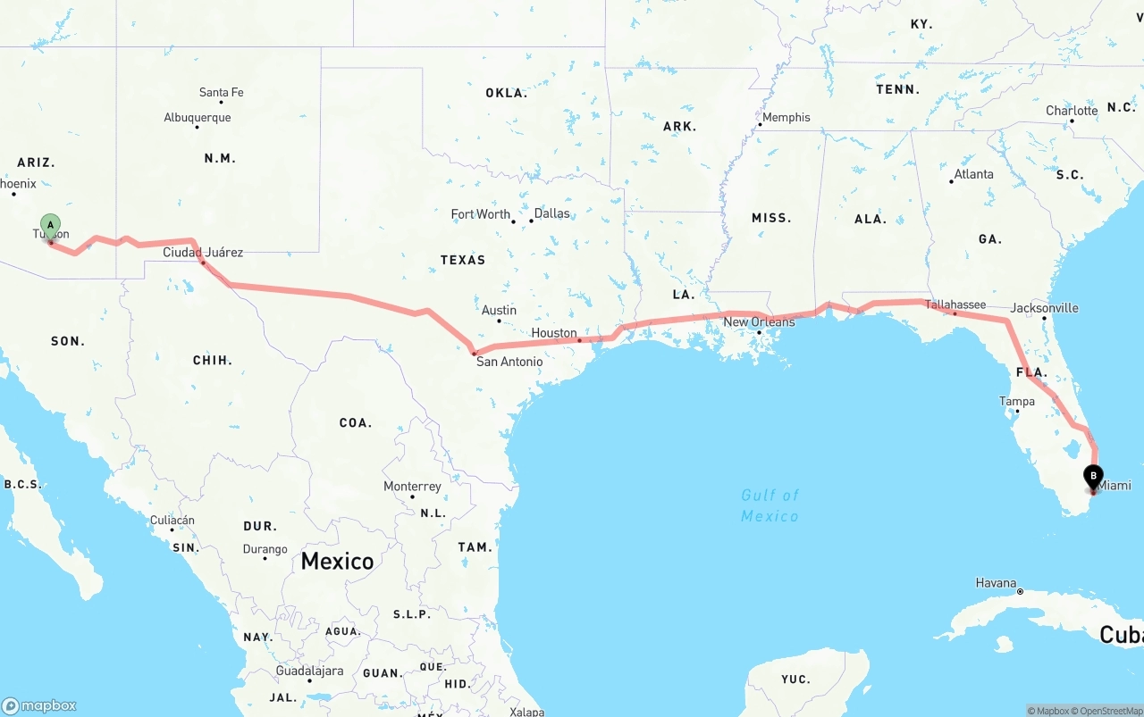 Shipping route from Tucson to Miami