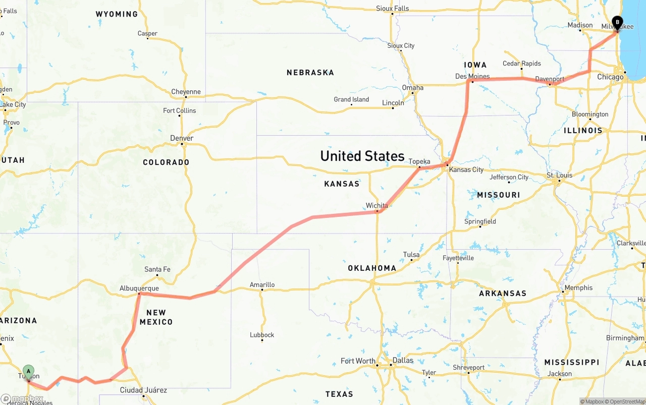 Shipping route from Tucson to Milwaukee